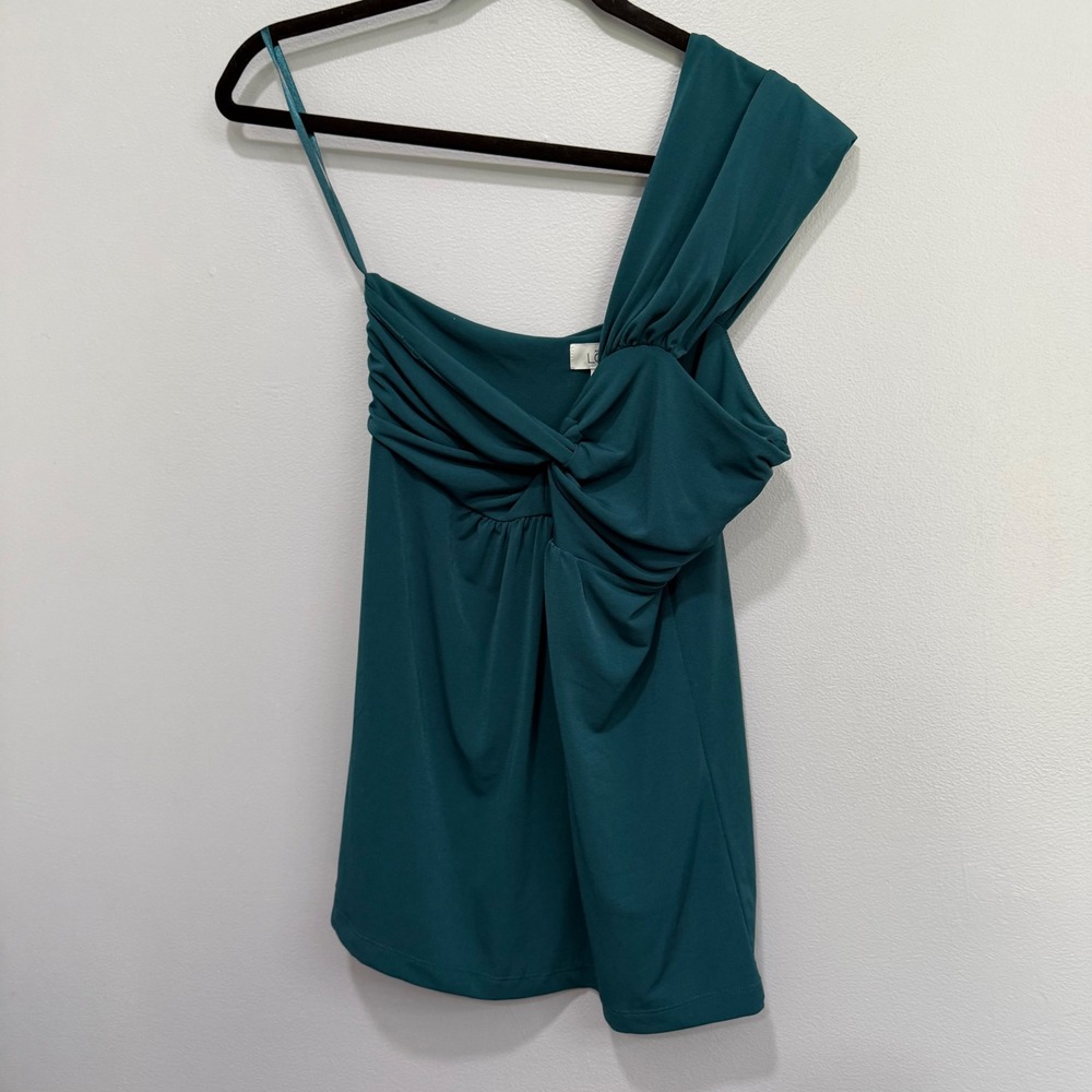 Ann Taylor LOFT Womens XS Teal Green One Shoulder Draped Knot Front Blouse Top